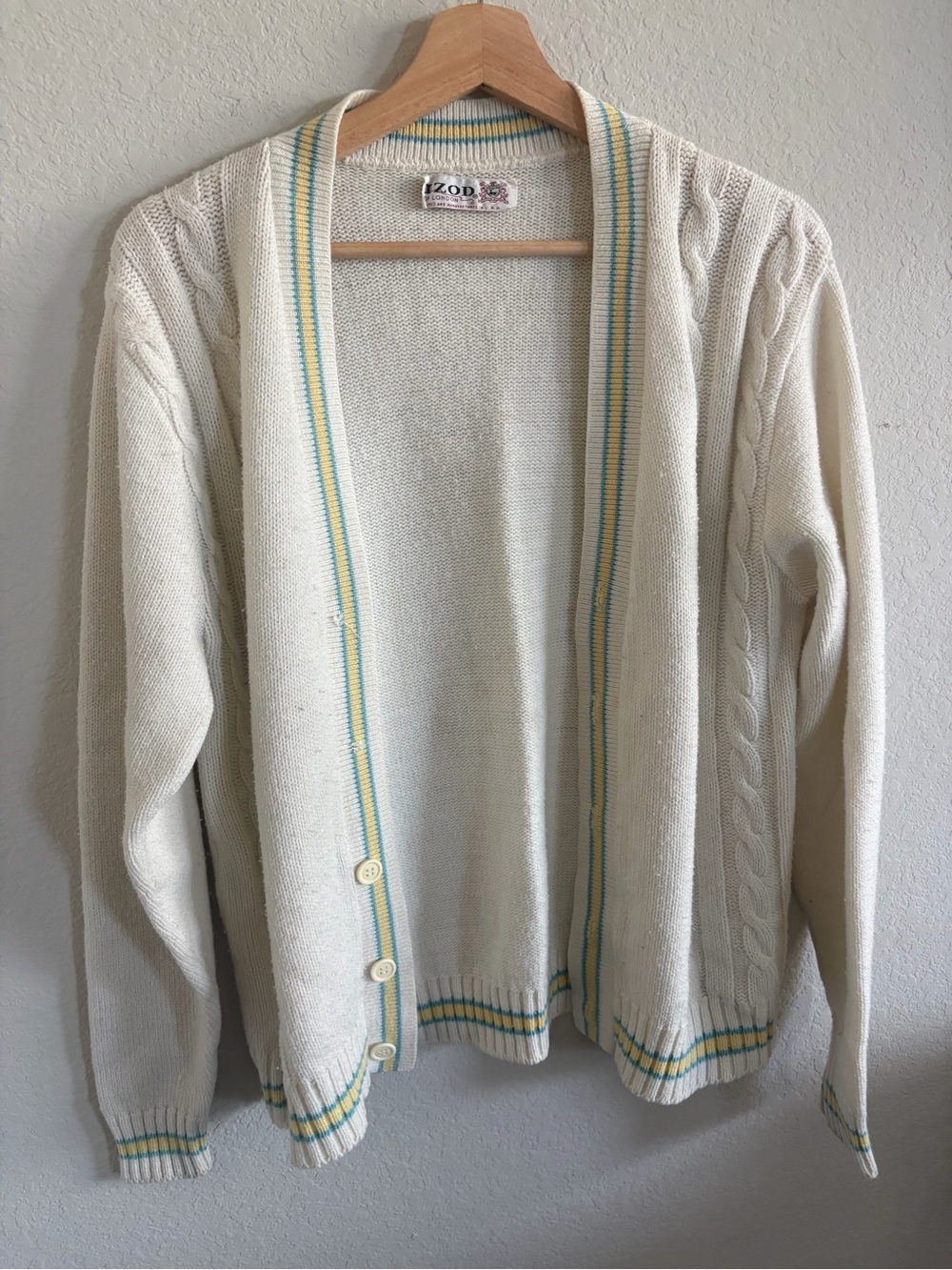 Vintage Izod London Cream Cable-Knit Cardigan with Blue & Yellow Stripe Trim